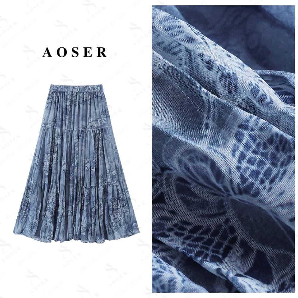 AOSER碎花松紧带印花高腰薄款半身裙蕾丝纱裙复古风2723