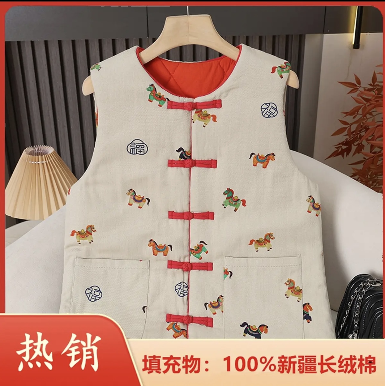 棉100%新中式国风盘扣马甲女新款冬季加棉加厚保暖背心坎肩马夹