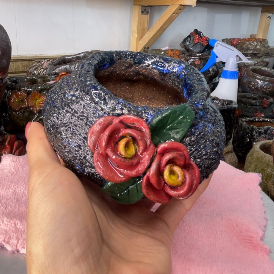 红陶粗砂陶手工花盆