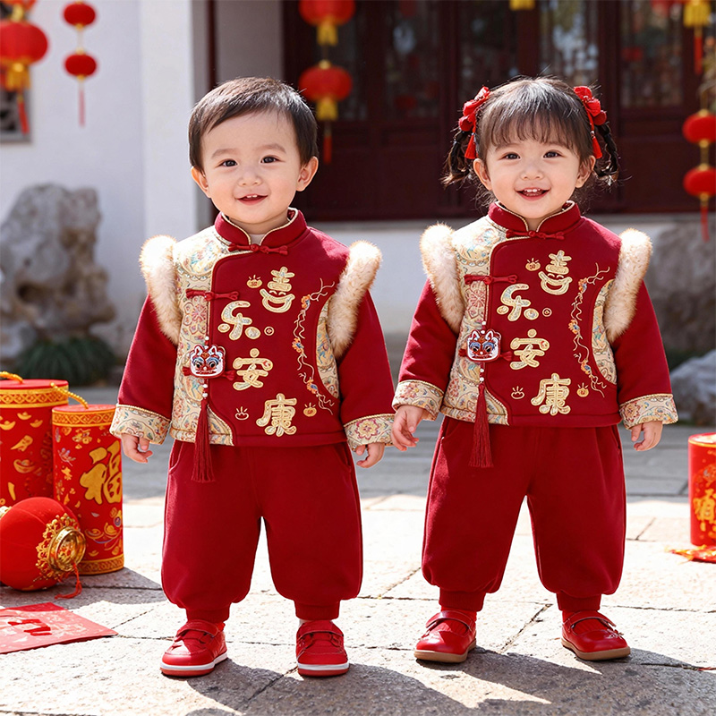 儿童套装冬季新中式唐装过新年汉服男女宝宝周岁礼服喜庆拜年衣服