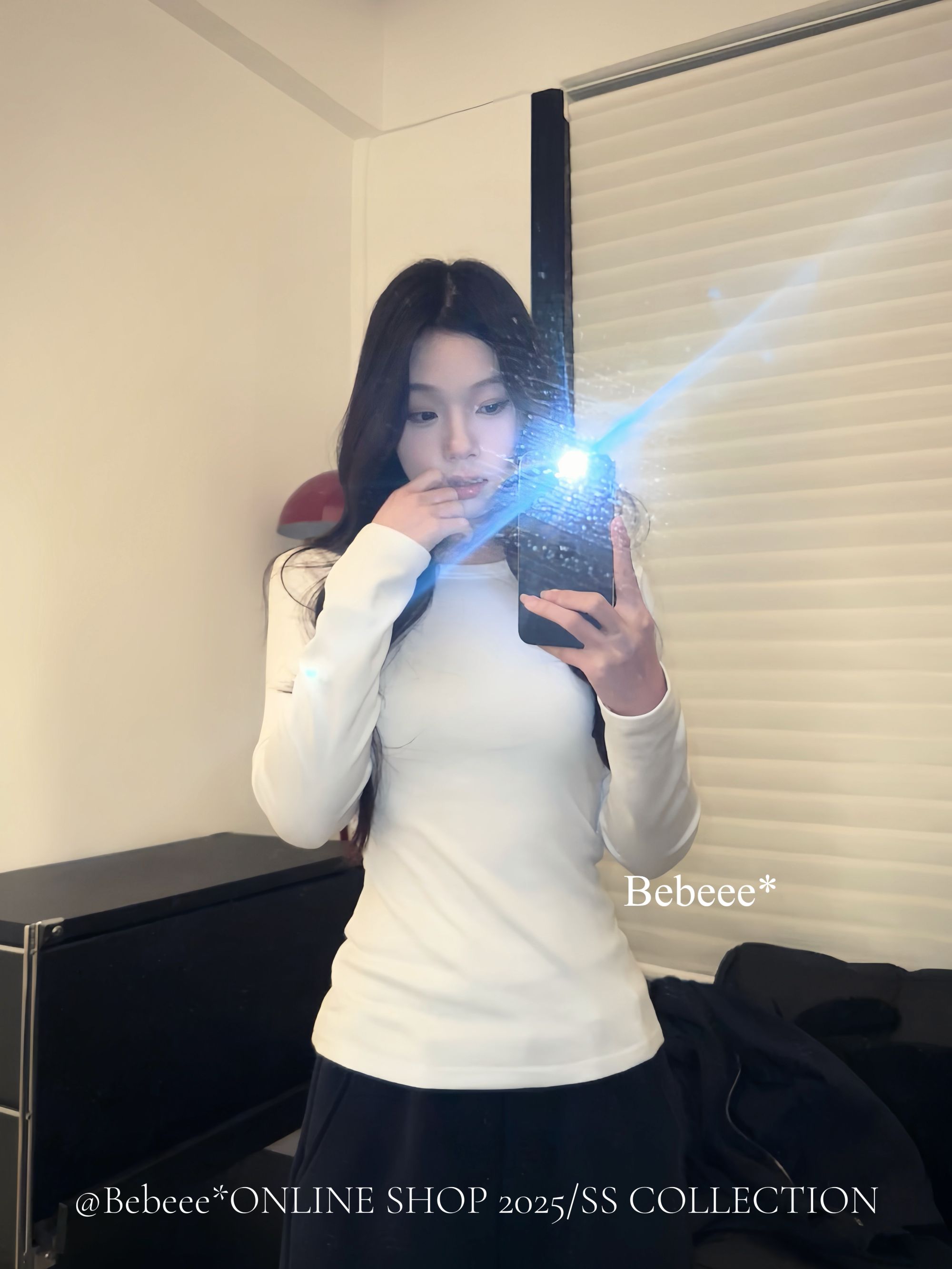 BèBè 白色280g加绒圆领打底衫女弹力修身上衣显瘦基础纯色长袖