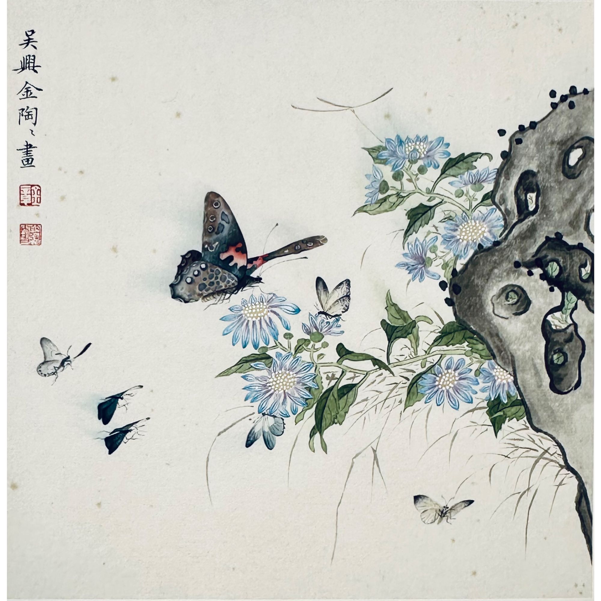 金章 花蝶拳石 镜心 20×19.5cm