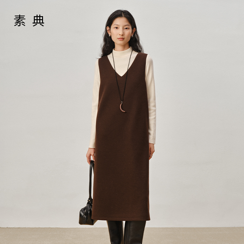 素典【焦糖暖棕】简约两面穿羊毛呢连衣裙秋冬休闲通勤直筒裙5021