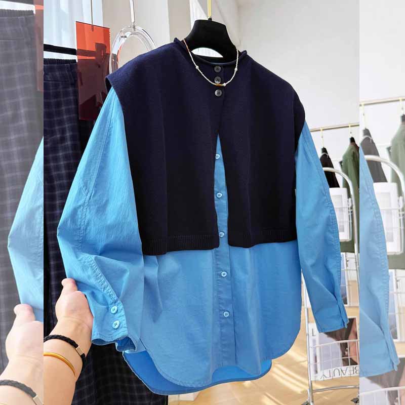 胖妹妹春秋季新品披肩宽松大码衬衫女装两件套高级感长袖圆领衬衣