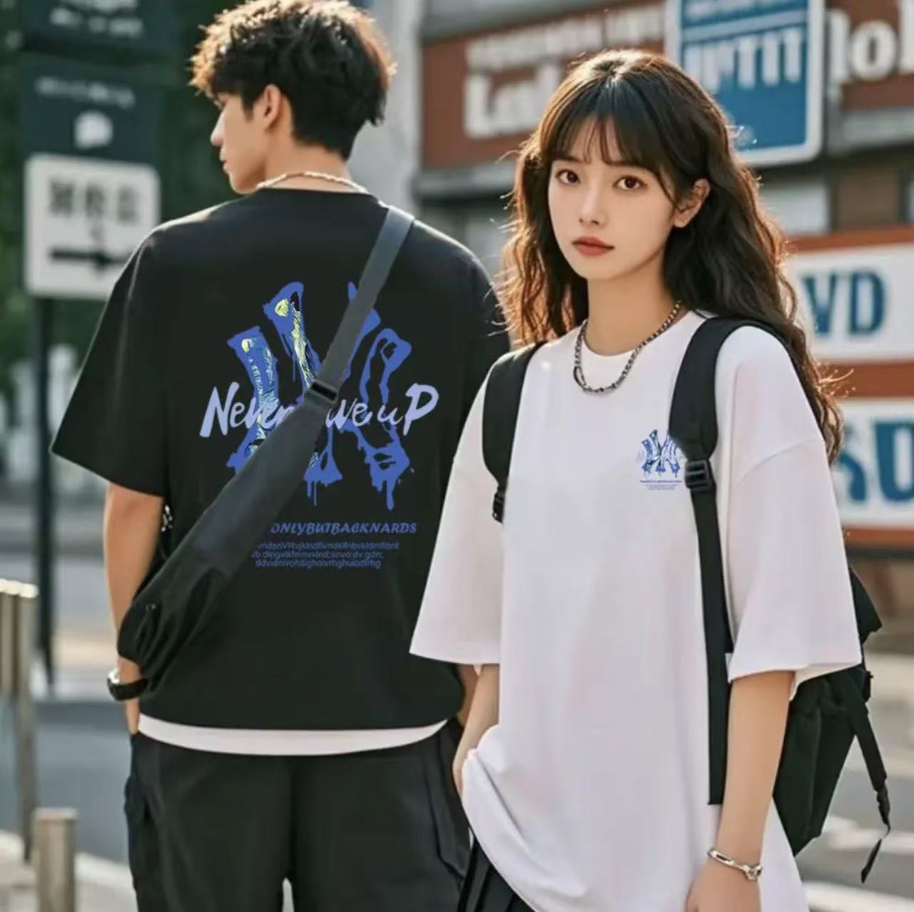 夏季短袖男女休闲上衣透气时尚百搭圆领印花T恤 蓝W