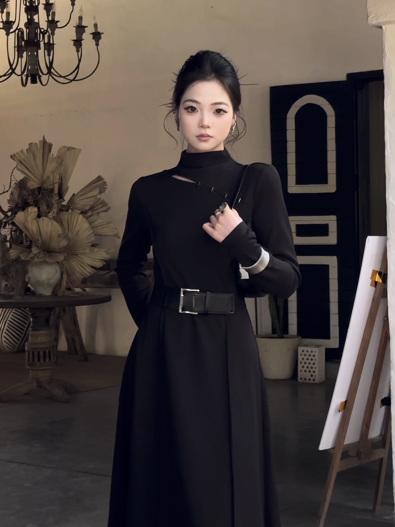 修身针织连衣裙女装秋冬新款半高领黑色显瘦长款裙子