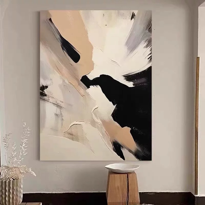 手绘油画客厅肌理抽象画简约玄关无框装饰画民宿黑白色块轻奢挂画