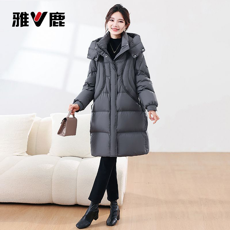 雅鹿中长款休闲连帽羽绒服女2025冬新款高端显瘦设计感保暖外套