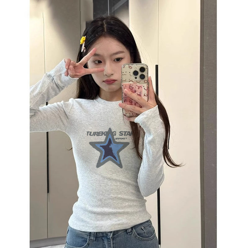 爆款ins风德绒圆领正肩T恤女长袖秋季修身显瘦百搭遮肉辣妹风上衣