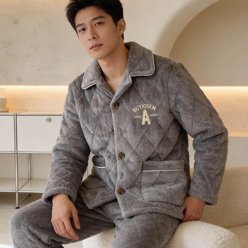 男士三层夹棉加厚款保暖冬季睡衣翻领透气长裤家居服套装成人