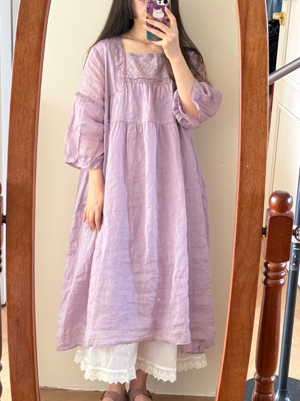 苎麻绣花连衣裙法式优雅飘逸显瘦宽松中长款夏季女装