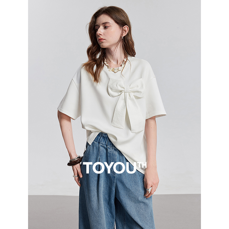 【年终狂欢购】初语蝴蝶结T恤女2025夏季法式新款oversize宽松上衣