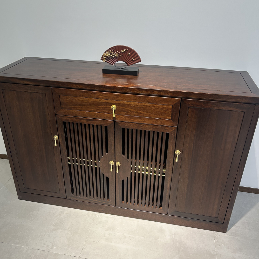 臻园家具乌金木大乌金黑檀色落地餐边柜新中式餐厅1.5米