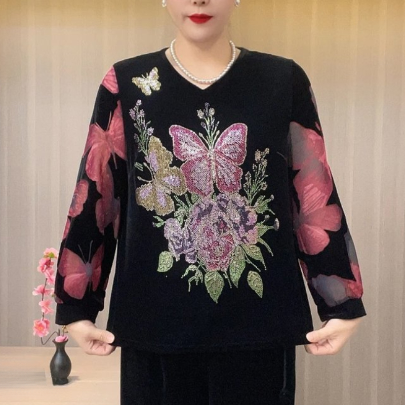 阔太太洋气丝绒T恤衫重工镶钻轻奢风上衣女2025新款