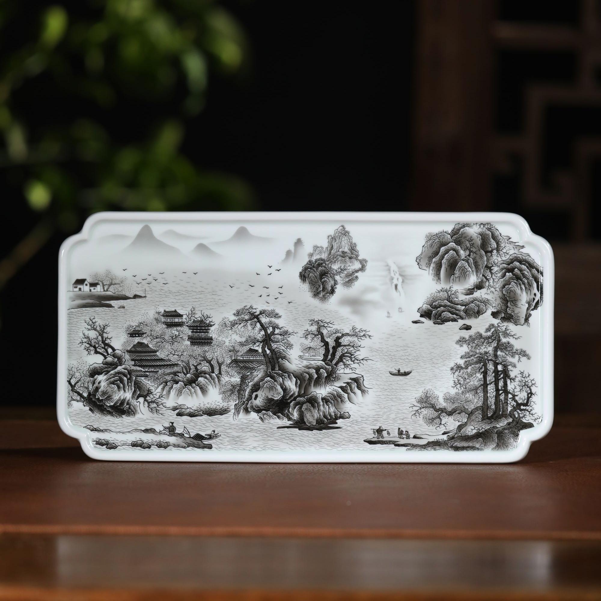 景德镇墨彩精工山水茶盘干炮台 长32 宽16
