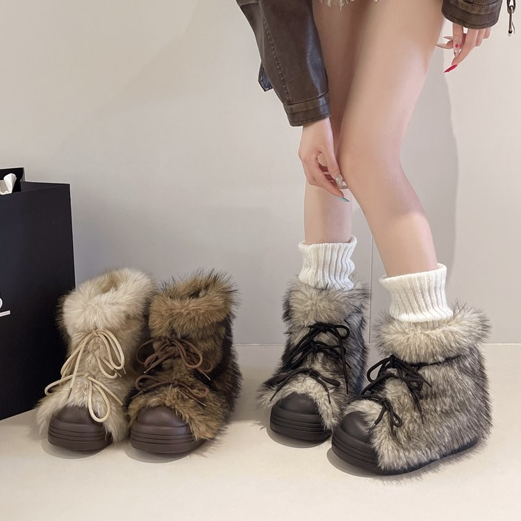 小个子厚底雪地靴女2025新款秋冬加厚毛茸茸短筒靴子外穿保暖棉鞋