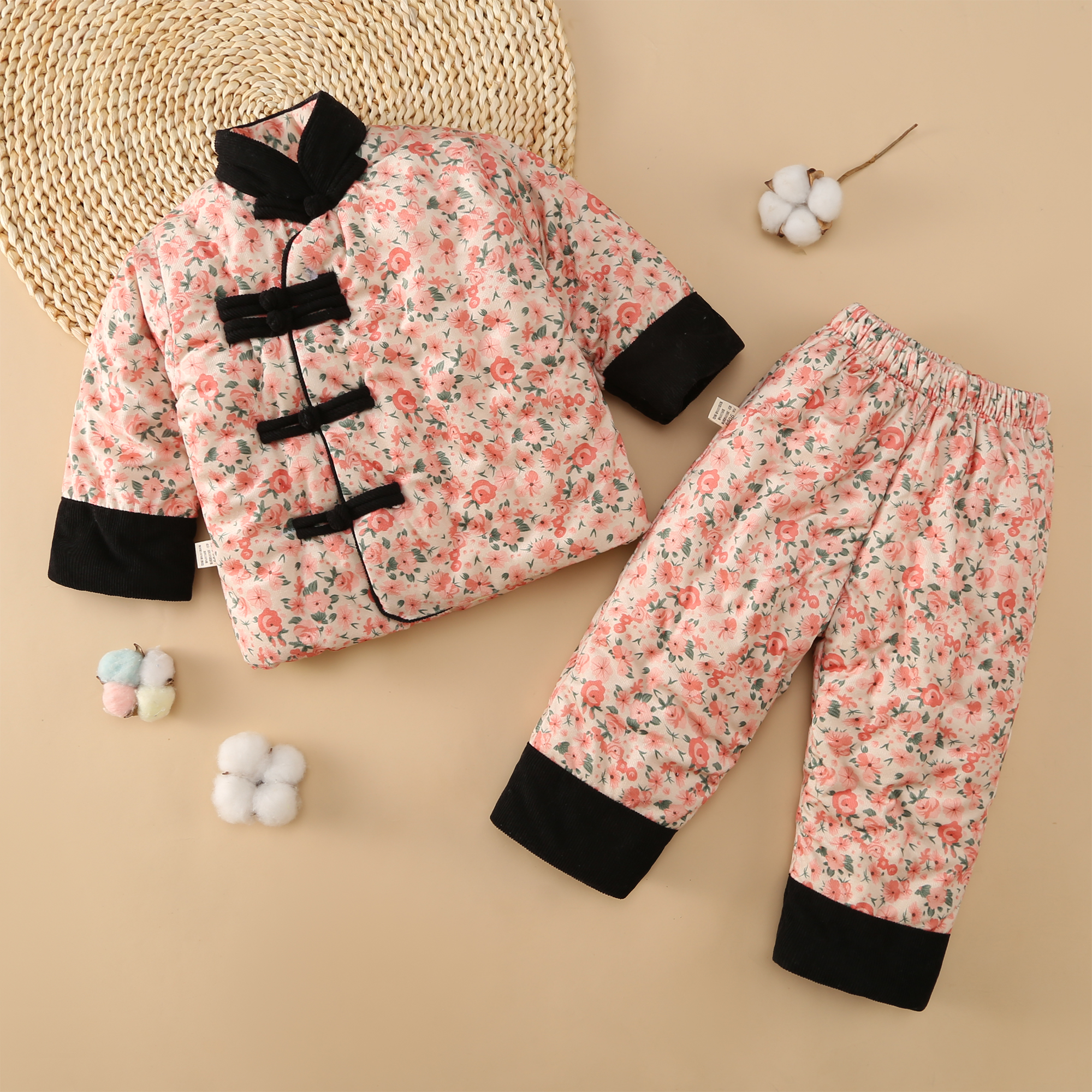 宝宝手工棉衣条绒拼接盘扣款分体棉花套装国风冬季厚款