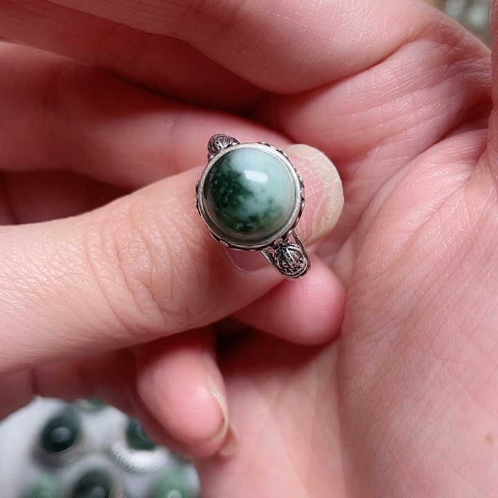 透闪石-蛇纹石玉戒指银S925镶嵌