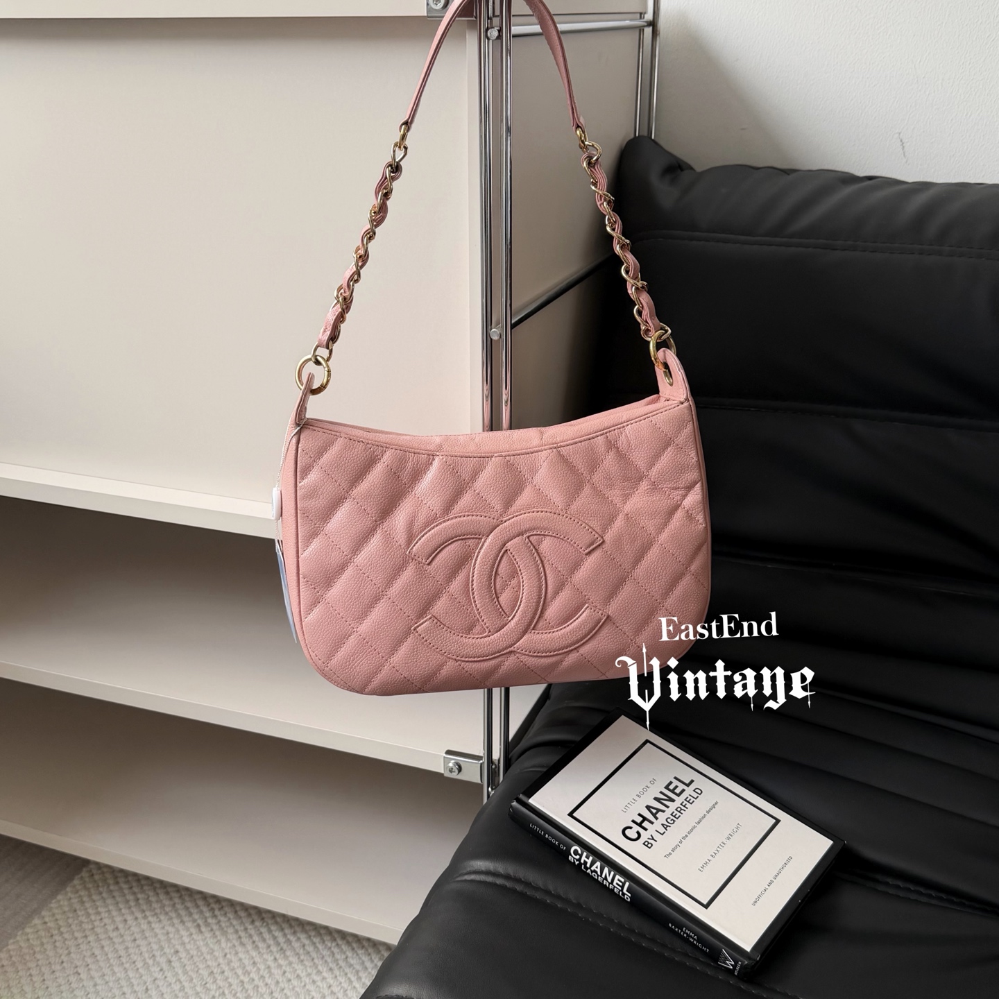 95新 Chanel/香奈儿 東区-粉色荔枝牛中古hobo单肩包/90367