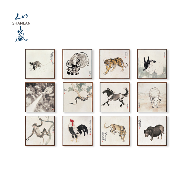 中式客厅《十二生肖》鼠牛虎兔龙蛇马羊猴鸡猪挂画装饰画