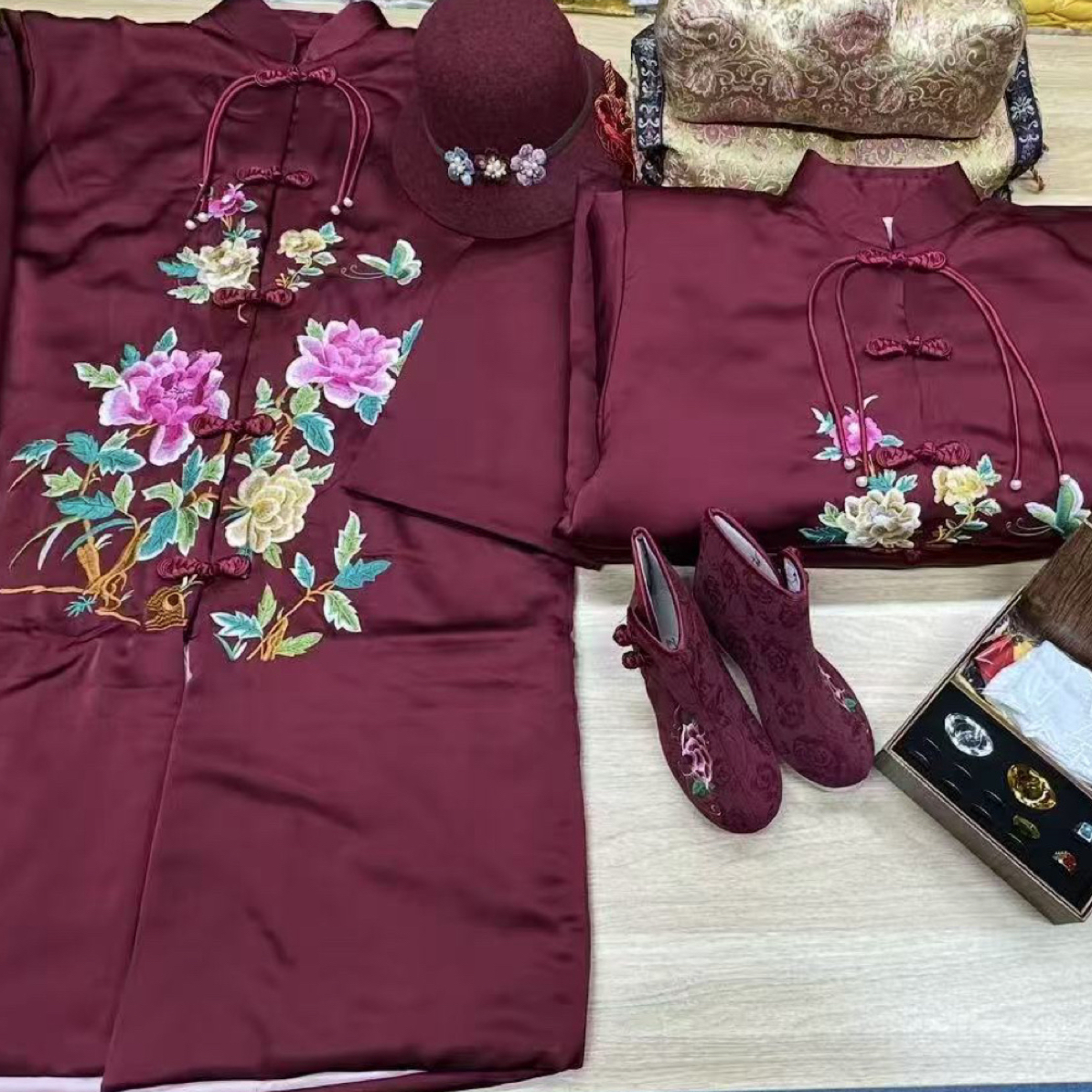 全套百年服新中式真丝国风服装立领长款老人高档高端寿衣大气牡丹