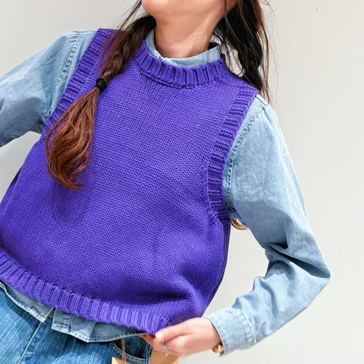 夏小朵 秋冬厚针织马甲 小众简约纯色显瘦圆领加厚针织马甲