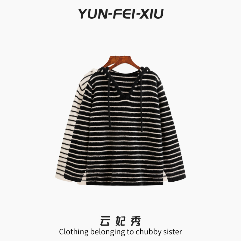 云妃秀大码女装针织衫时尚休闲胖妹妹显瘦宽松连帽上衣冬季23532