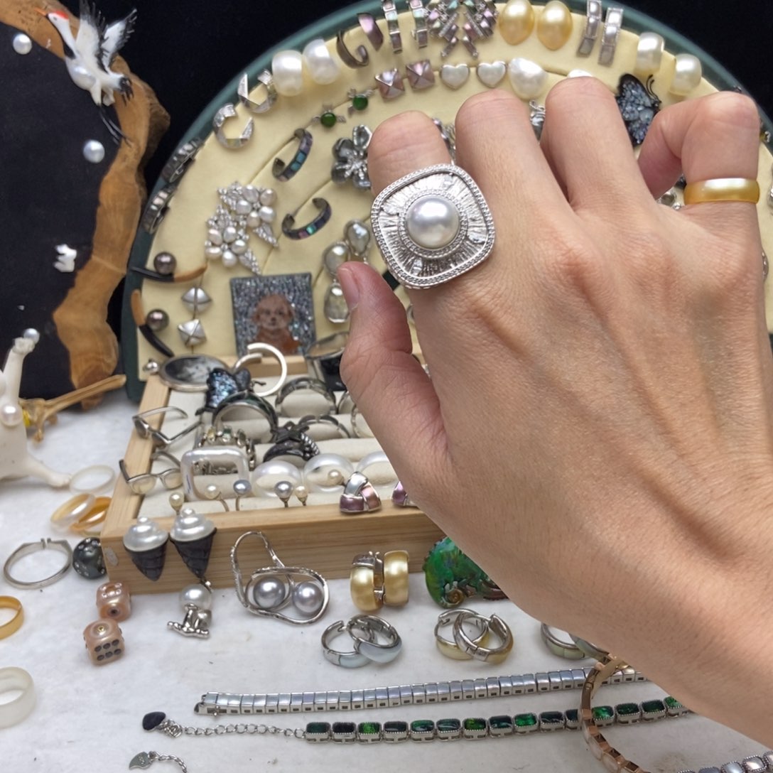 海水珍珠银S925镶嵌画框澳白戒指戒指