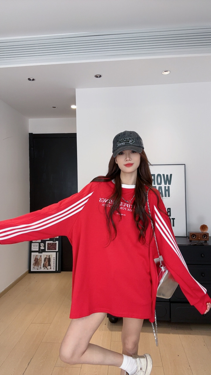 时尚宽松宽松型假两件拼接长袖卫衣中长款拼色字母印花秋冬0978