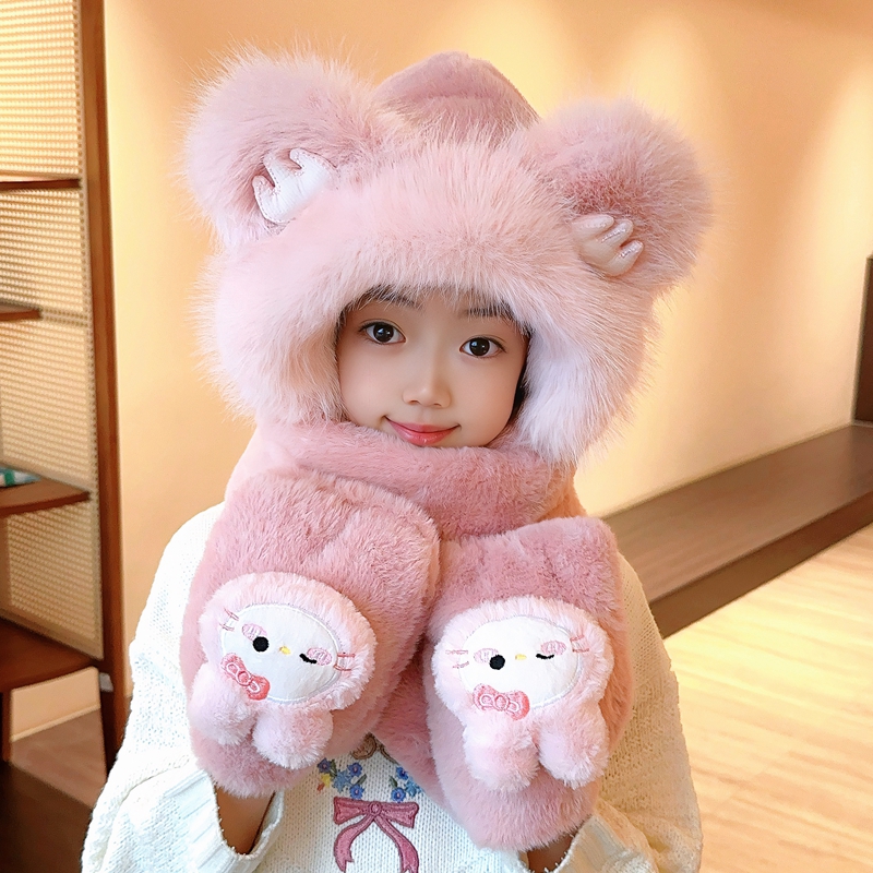 儿童帽子加厚加绒帽子围巾一体冬季宝宝毛绒防风护耳围脖保暖绒帽