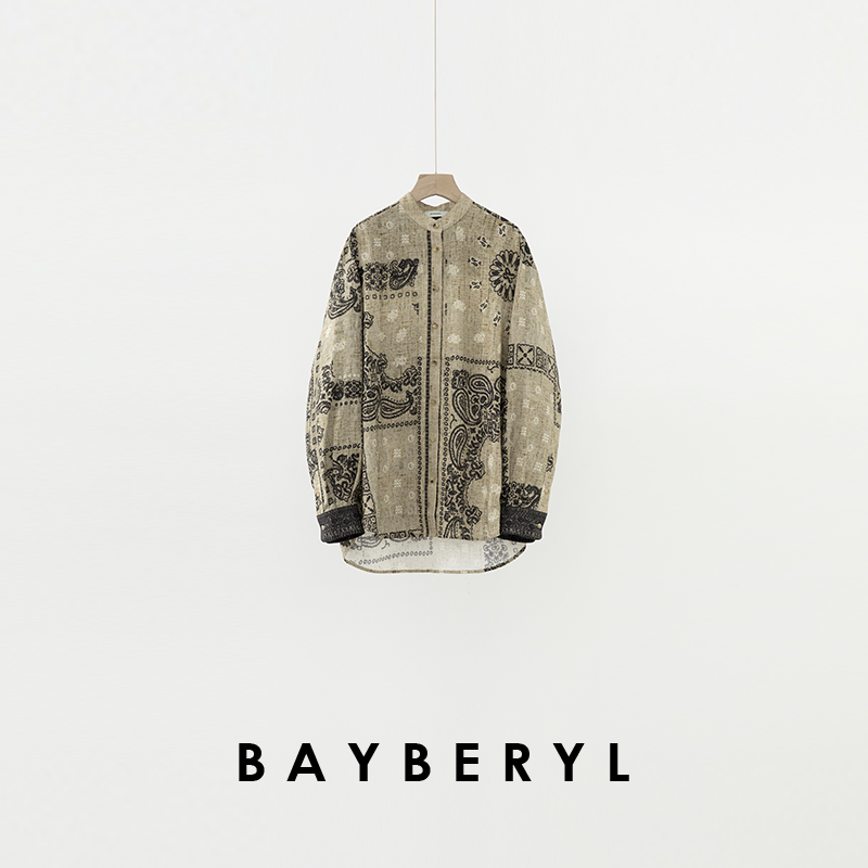 BAYBERYL老贝腰果木纹复古印花立领单排扣春麻衬衫NCY5C0503-3/29
