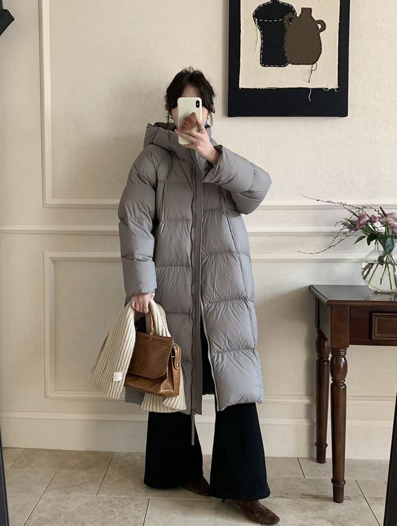 NICE圈圈/长款云朵泡芙连帽保暖韩系长款棉服A533