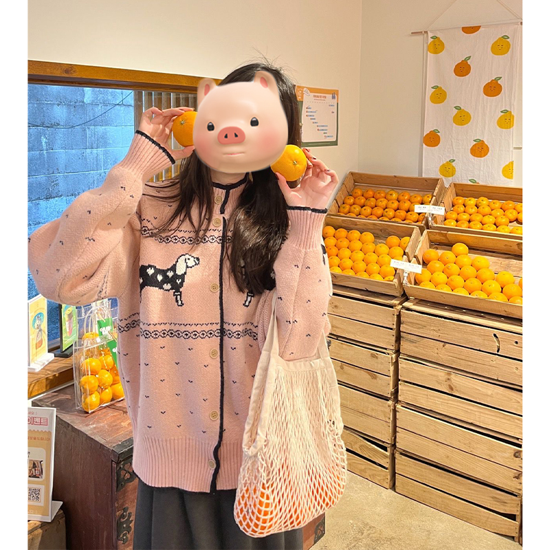 复古北欧风费尔岛粉色半高领毛衣开衫女秋冬季加厚慵懒风针织外套