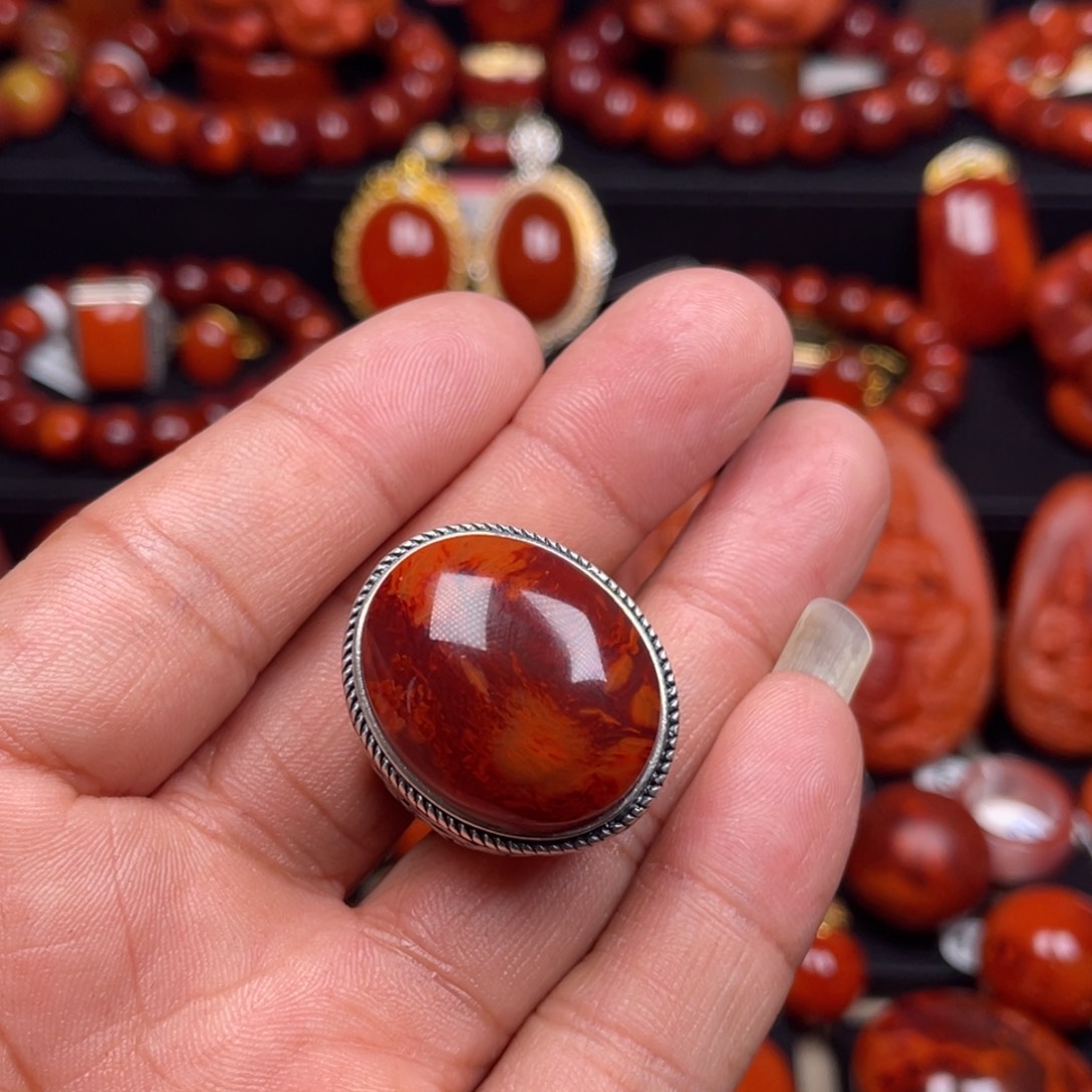 南红玛瑙珠宝奇石银S925镶嵌戒指