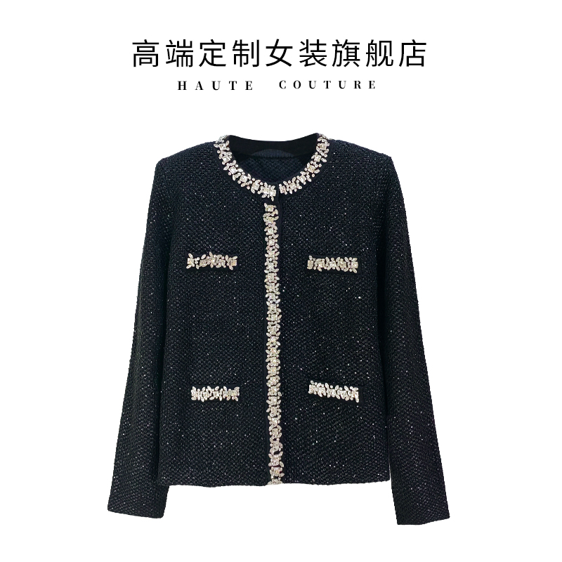 【SHIBO】早春穿搭长袖圆领经典黑色手工钻饰亮片针织开衫毛衣外套