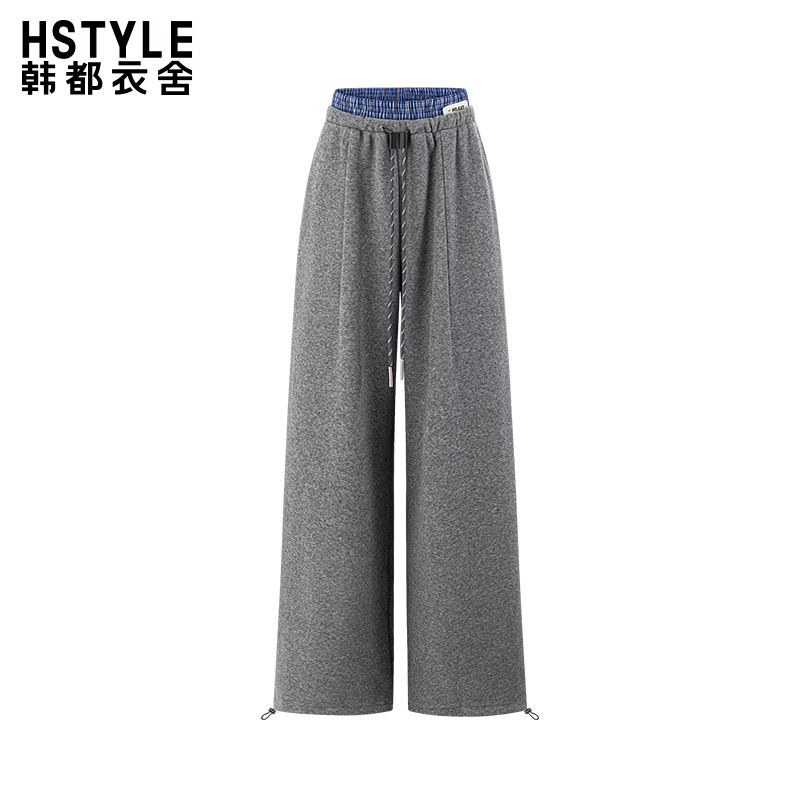 韩都衣舍格子拼接松紧抽绳加绒休闲裤女宽松卫裤直筒裤