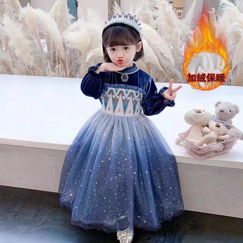 长袖纯色女连衣裙冬季加绒纱裙童装宝宝小女孩保暖秋冬爱莎