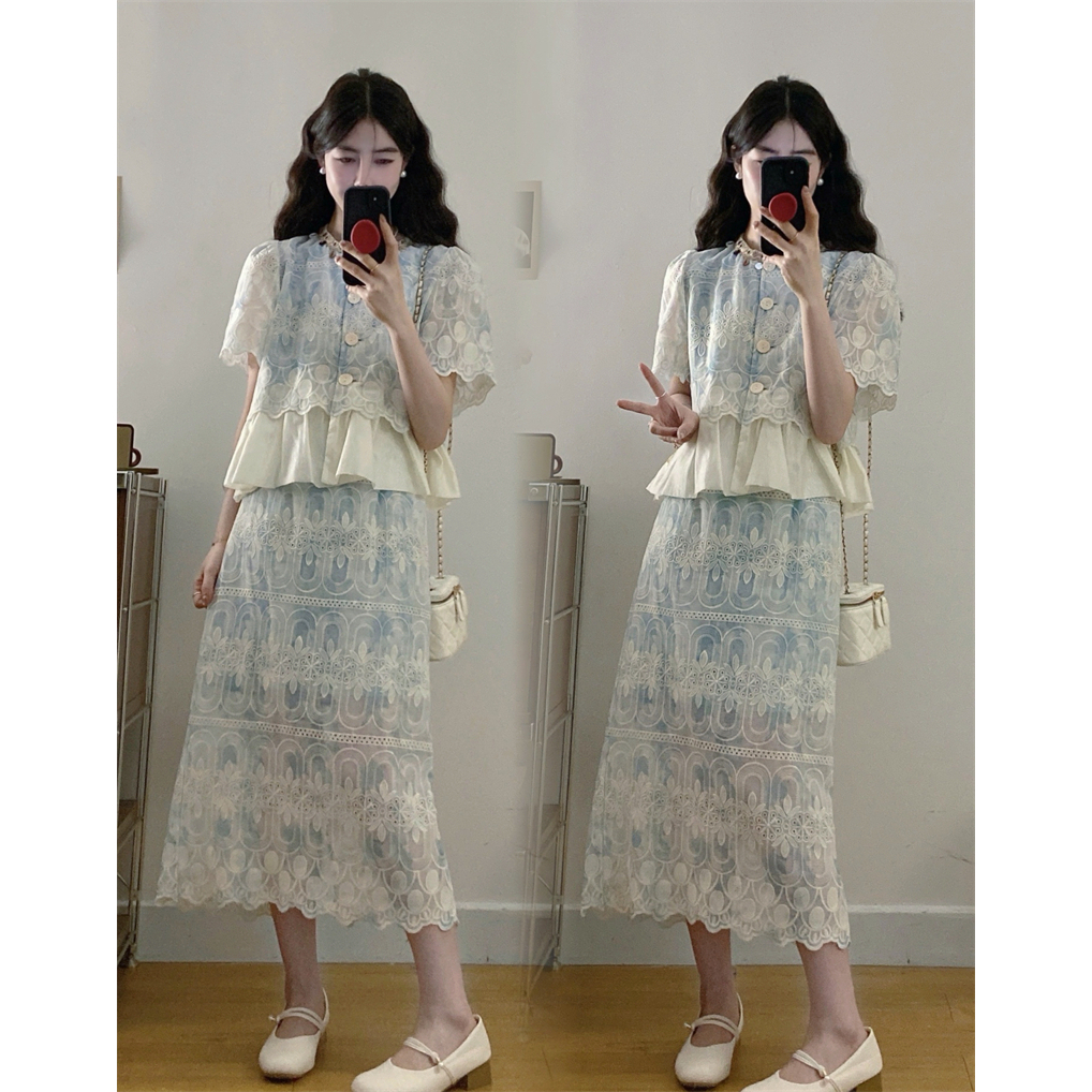 大码夏季新款设计感蕾丝重工刺绣亮片上衣宽松半身裙两件套