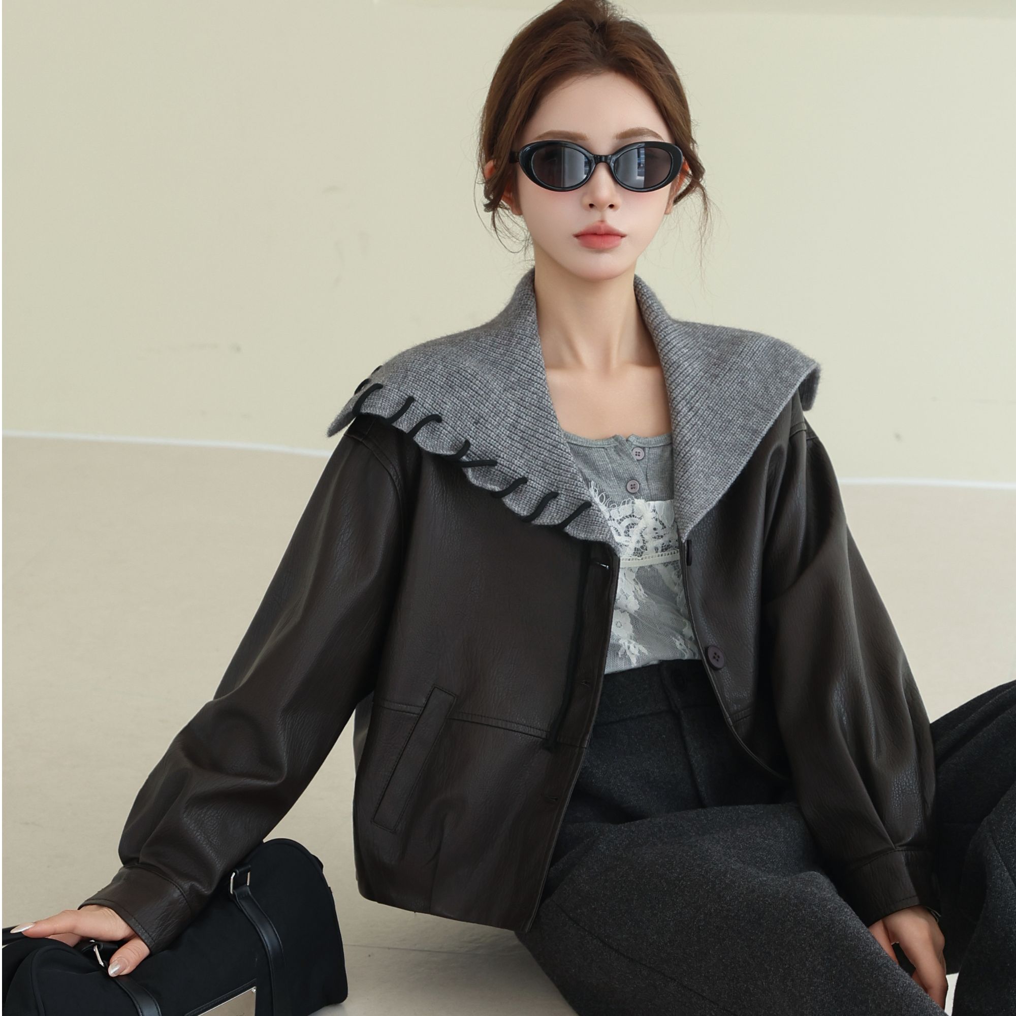 早秋新款设计感海军领皮衣夹克女休闲显瘦短款外套8859