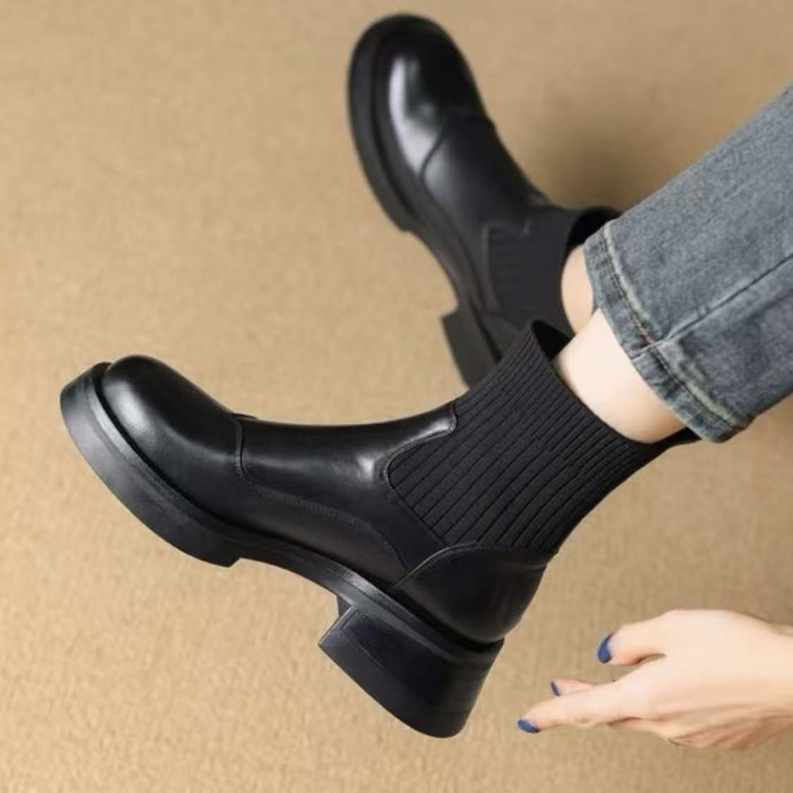 冬季新款英伦风针织短靴舒适手工短靴9566