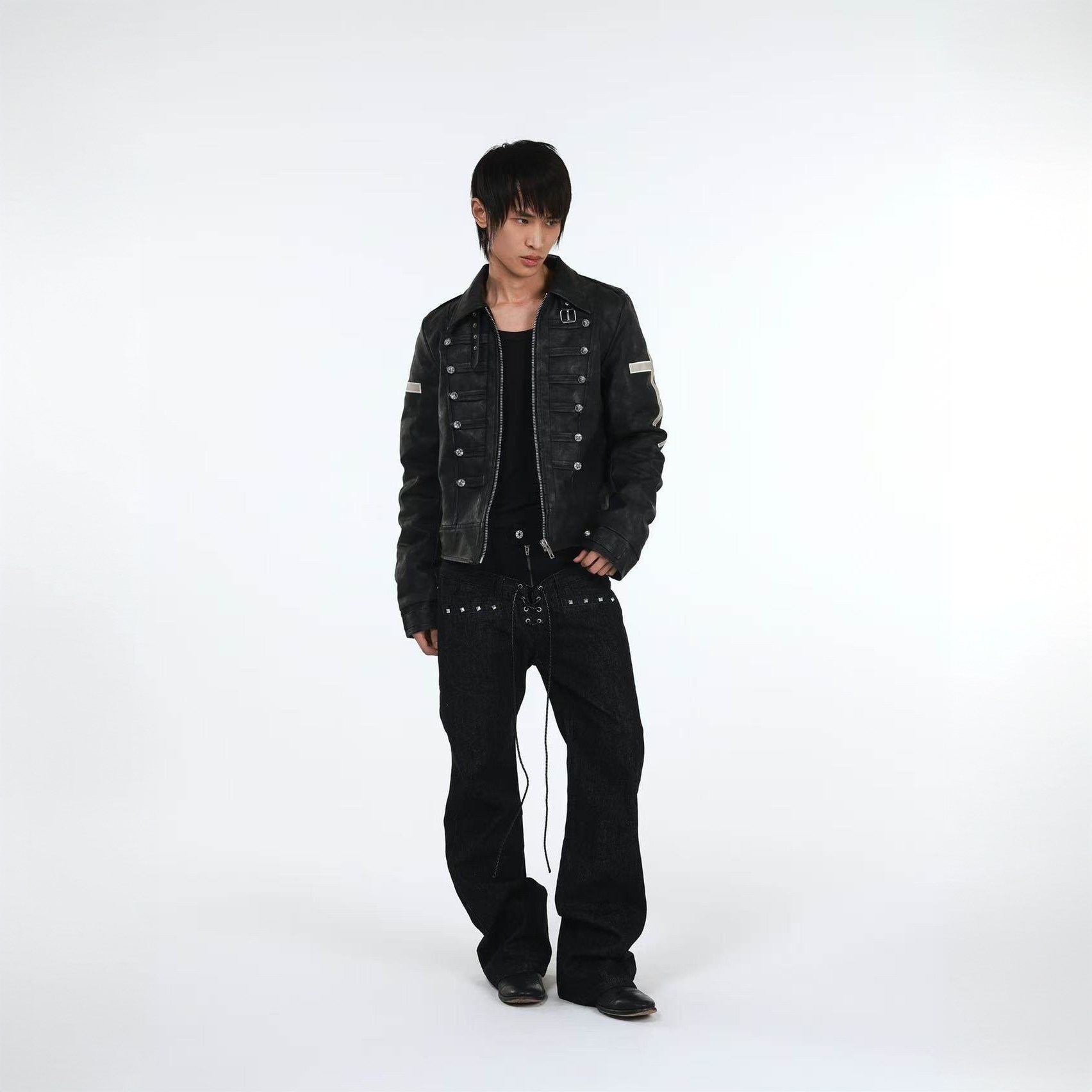 DETW 26SS*堆叠感拉满定制黑原牛双腰绑带抽绳外露拉链铆钉牛仔裤