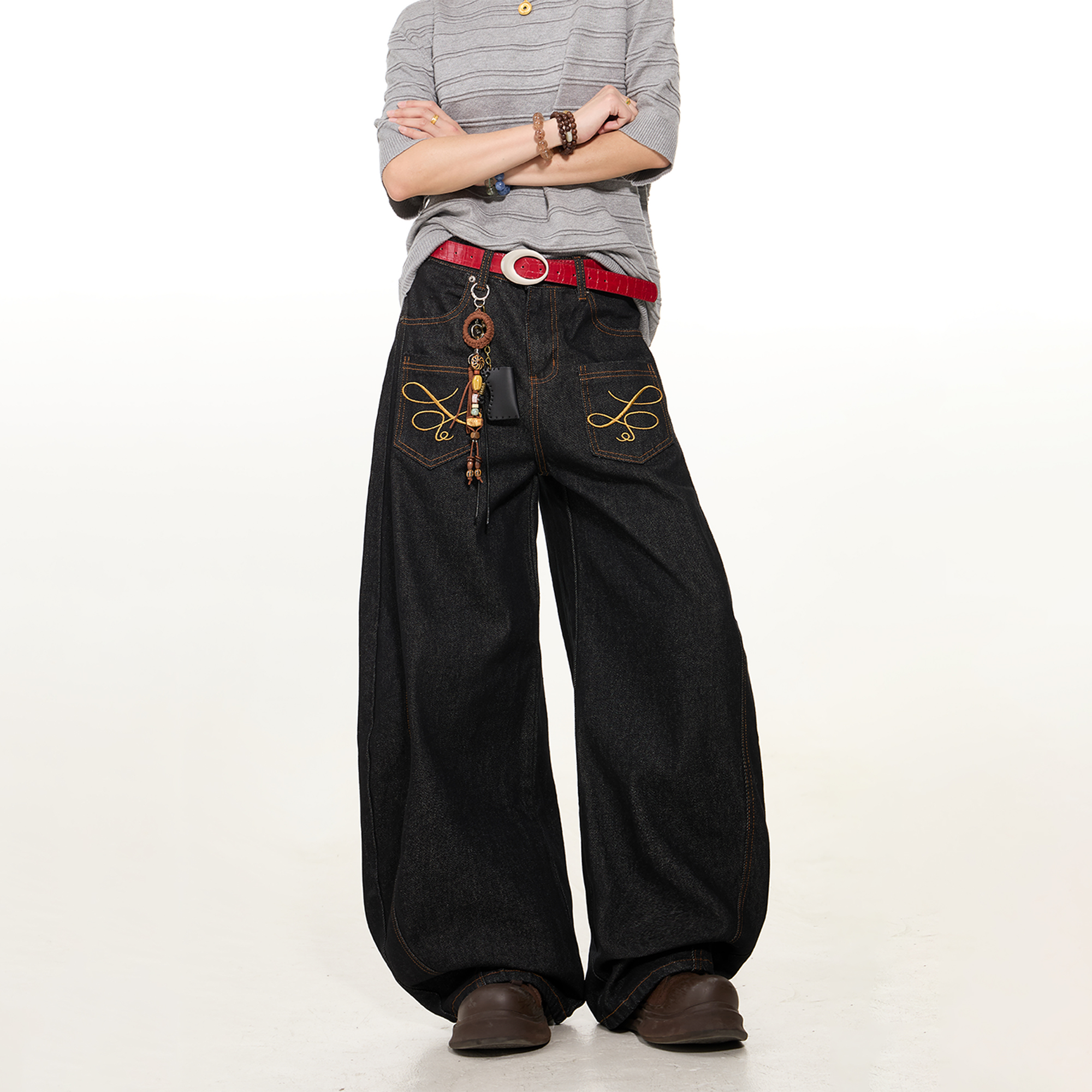 出前一町2025春夏季新款气质百搭牛仔裤男女同款刺绣休闲痞帅长裤