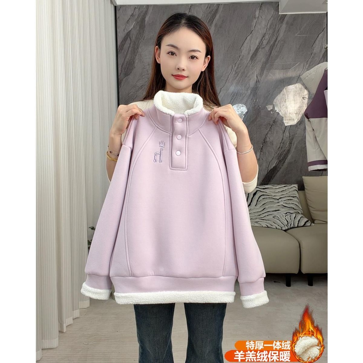 女童2025新款按扣秋冬季保暖羊羔绒洋气时尚中大童百搭立领卫衣