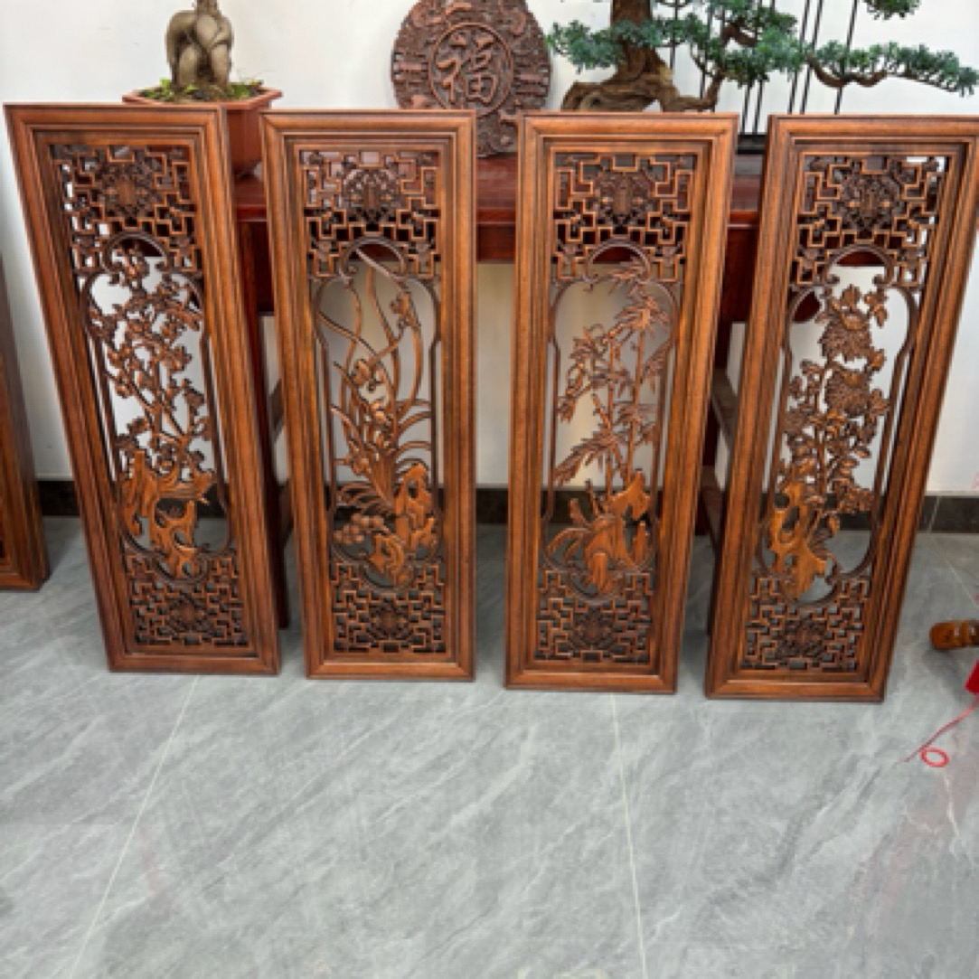 东阳木雕宽31cm*94cm梅兰竹菊四条屏香樟木实木雕刻挂件（镂空款）
