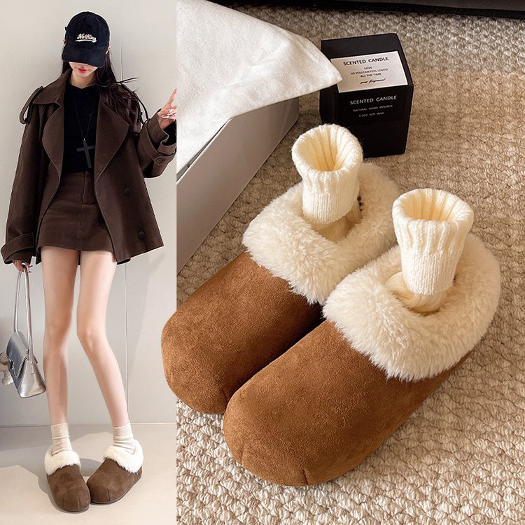 圆头丑萌勃肯鞋女冬季加绒内增高毛毛鞋小土豆全包棉鞋一脚蹬