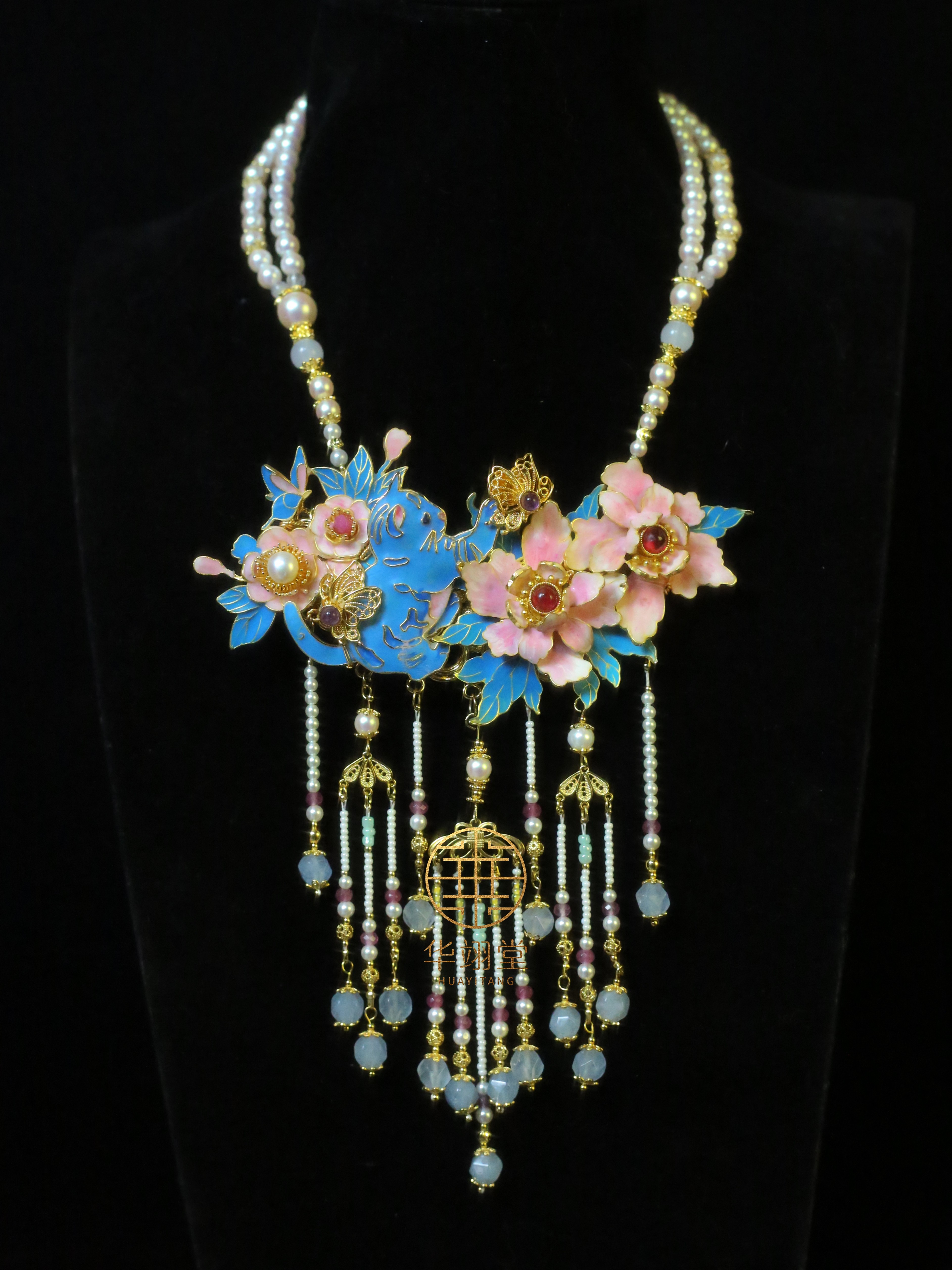 铜合金婚庆饰品 华翊堂原创仿点翠小猫咪牡丹发夹璎珞两用款发冠