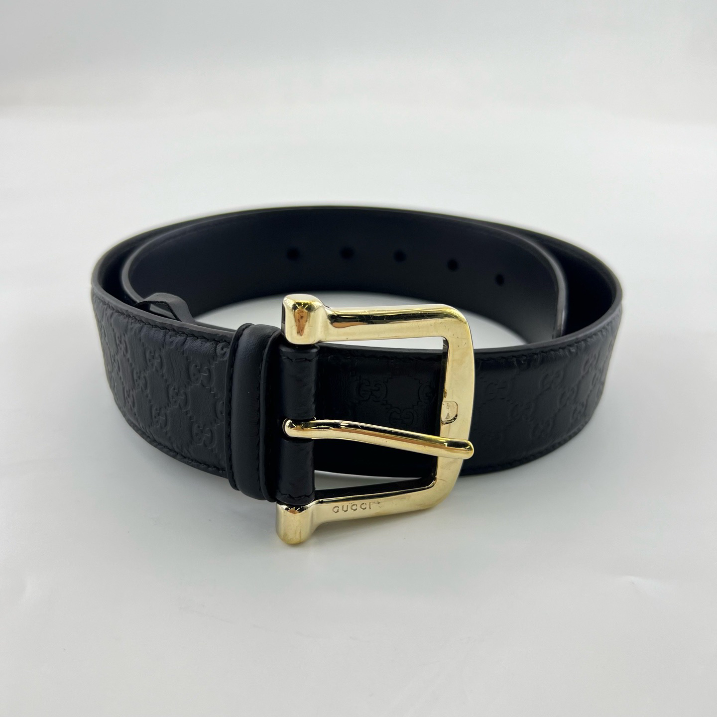 95新 GUCCI/古驰 80cm×4cm/黑色老花针扣全皮压纹腰带/14805002
