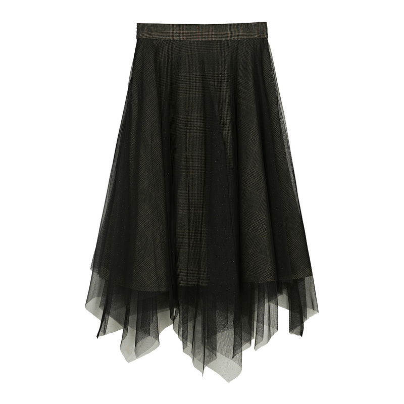 sdeer圣迪奥女装英伦格纹网纱拼接不规则长裙S21381123