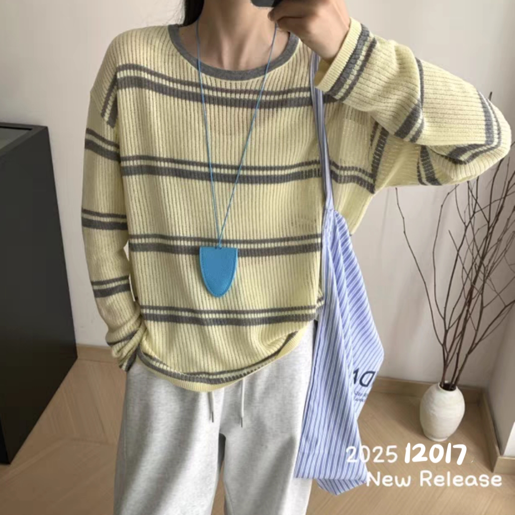 12017（部分无水洗唛，介意慎拍）WANGDAN新款撞色条纹防晒针织衫