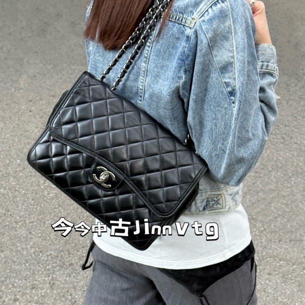 95新 Chanel/香奈儿 黑银菱格翻盖cf斜跨包单肩斜挎包黑色中古